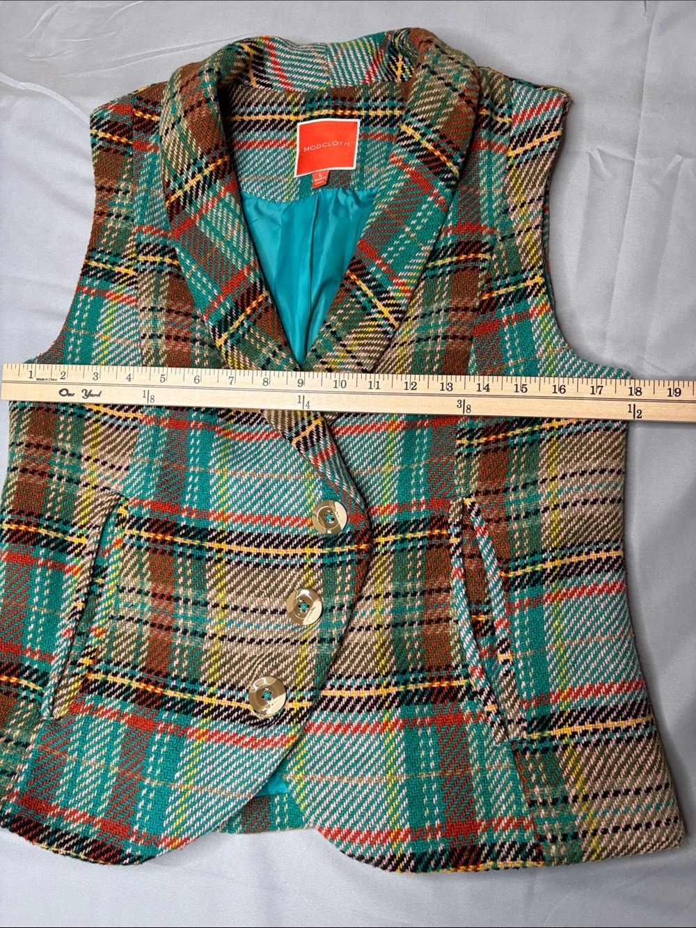 Modcloth Plaid Teal, Brown and Cream Plaid Vintage Style Wool Blend Vest Size L - Picture 3 of 10